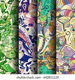 Set of tracery colorful seamless patterns. Vertical stripes. Curved doodling backgrounds for textile or printing with mehndi and ethnic motives. Vector