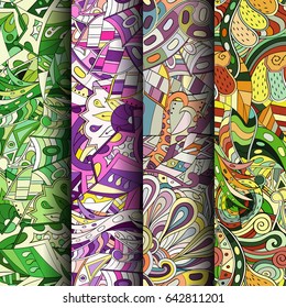 Set of tracery colorful seamless patterns. Vertical stripes. Curved doodling backgrounds for textile or printing with mehndi and ethnic motives. Vector