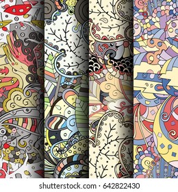 Set of tracery colorful seamless patterns. Vertical stripes. Curved doodling backgrounds for textile or printing with mehndi and ethnic motives. Vector