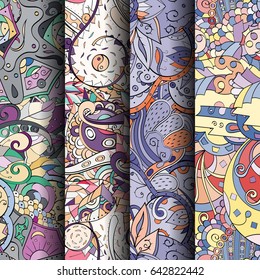 Set of tracery colorful seamless patterns. Vertical stripes. Curved doodling backgrounds for textile or printing with mehndi and ethnic motives. Vector