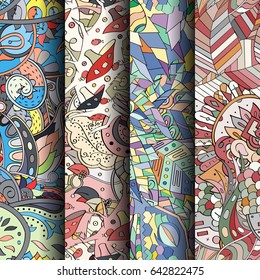 Set of tracery colorful seamless patterns. Vertical stripes. Curved doodling backgrounds for textile or printing with mehndi and ethnic motives. Vector