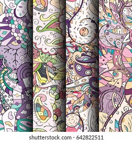 Set of tracery colorful seamless patterns. Vertical stripes. Curved doodling backgrounds for textile or printing with mehndi and ethnic motives. Vector