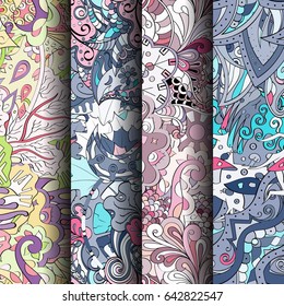 Set of tracery colorful seamless patterns. Vertical stripes. Curved doodling backgrounds for textile or printing with mehndi and ethnic motives. Vector
