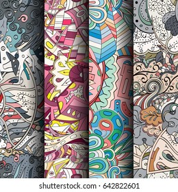 Set of tracery colorful seamless patterns. Vertical stripes. Curved doodling backgrounds for textile or printing with mehndi and ethnic motives. Vector