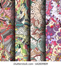 Set of tracery colorful seamless patterns. Vertical stripes. Curved doodling backgrounds for textile or printing with mehndi and ethnic motives. Vector