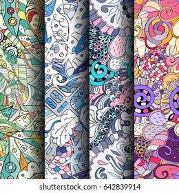 Set of tracery colorful seamless patterns. Vertical stripes. Curved doodling backgrounds for textile or printing with mehndi and ethnic motives. Vector