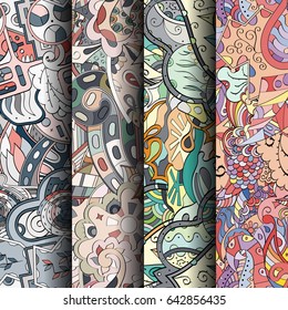 Set of tracery colorful seamless patterns. Vertical stripes. Curved doodling backgrounds for textile or printing with mehndi and ethnic motives. Vector