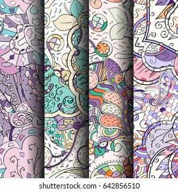 Set of tracery colorful seamless patterns. Vertical stripes. Curved doodling backgrounds for textile or printing with mehndi and ethnic motives. Vector