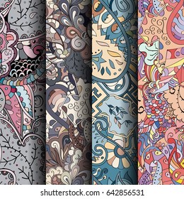 Set of tracery colorful seamless patterns. Vertical stripes. Curved doodling backgrounds for textile or printing with mehndi and ethnic motives. Vector