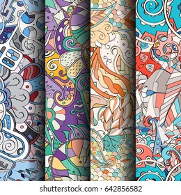 Set of tracery colorful seamless patterns. Vertical stripes. Curved doodling backgrounds for textile or printing with mehndi and ethnic motives. Vector