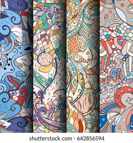 Set of tracery colorful seamless patterns. Vertical stripes. Curved doodling backgrounds for textile or printing with mehndi and ethnic motives. Vector