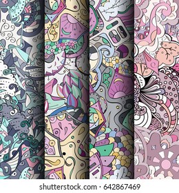 Set of tracery colorful seamless patterns. Vertical stripes. Curved doodling backgrounds for textile or printing with mehndi and ethnic motives. Vector
