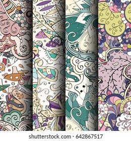 Set of tracery colorful seamless patterns. Vertical stripes. Curved doodling backgrounds for textile or printing with mehndi and ethnic motives. Vector