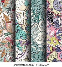 Set of tracery colorful seamless patterns. Vertical stripes. Curved doodling backgrounds for textile or printing with mehndi and ethnic motives. Vector