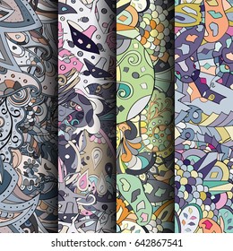 Set of tracery colorful seamless patterns. Vertical stripes. Curved doodling backgrounds for textile or printing with mehndi and ethnic motives. Vector