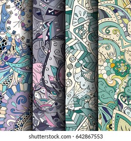 Set of tracery colorful seamless patterns. Vertical stripes. Curved doodling backgrounds for textile or printing with mehndi and ethnic motives. Vector