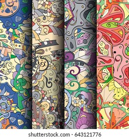 Set of tracery colorful seamless patterns. Vertical stripes. Curved doodling backgrounds for textile or printing with mehndi and ethnic motives. Vector