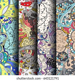 Set of tracery colorful seamless patterns. Vertical stripes. Curved doodling backgrounds for textile or printing with mehndi and ethnic motives. Vector