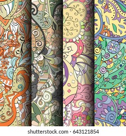 Set of tracery colorful seamless patterns. Vertical stripes. Curved doodling backgrounds for textile or printing with mehndi and ethnic motives. Vector