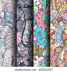 Set of tracery colorful seamless patterns. Vertical stripes. Curved doodling backgrounds for textile or printing with mehndi and ethnic motives. Vector