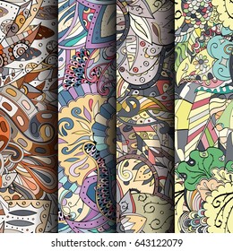 Set of tracery colorful seamless patterns. Vertical stripes. Curved doodling backgrounds for textile or printing with mehndi and ethnic motives. Vector