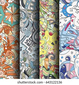 Set of tracery colorful seamless patterns. Vertical stripes. Curved doodling backgrounds for textile or printing with mehndi and ethnic motives. Vector