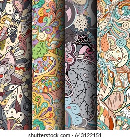 Set of tracery colorful seamless patterns. Vertical stripes. Curved doodling backgrounds for textile or printing with mehndi and ethnic motives. Vector