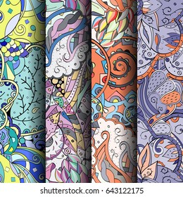 Set of tracery colorful seamless patterns. Vertical stripes. Curved doodling backgrounds for textile or printing with mehndi and ethnic motives. Vector