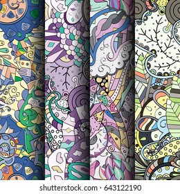Set of tracery colorful seamless patterns. Vertical stripes. Curved doodling backgrounds for textile or printing with mehndi and ethnic motives. Vector