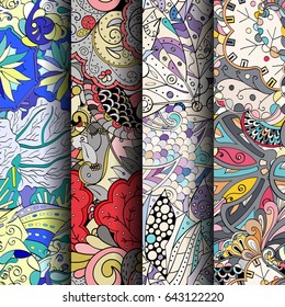 Set of tracery colorful seamless patterns. Vertical stripes. Curved doodling backgrounds for textile or printing with mehndi and ethnic motives. Vector