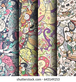 Set of tracery colorful seamless patterns. Vertical stripes. Curved doodling backgrounds for textile or printing with mehndi and ethnic motives. Vector