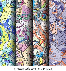 Set of tracery colorful seamless patterns. Vertical stripes. Curved doodling backgrounds for textile or printing with mehndi and ethnic motives. Vector
