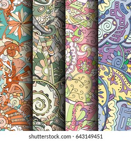 Set of tracery colorful seamless patterns. Vertical stripes. Curved doodling backgrounds for textile or printing with mehndi and ethnic motives. Vector