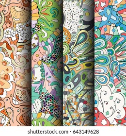 Set of tracery colorful seamless patterns. Vertical stripes. Curved doodling backgrounds for textile or printing with mehndi and ethnic motives. Vector