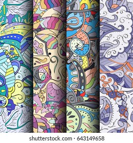 Set of tracery colorful seamless patterns. Vertical stripes. Curved doodling backgrounds for textile or printing with mehndi and ethnic motives. Vector