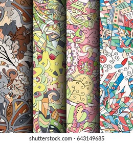 Set of tracery colorful seamless patterns. Vertical stripes. Curved doodling backgrounds for textile or printing with mehndi and ethnic motives. Vector