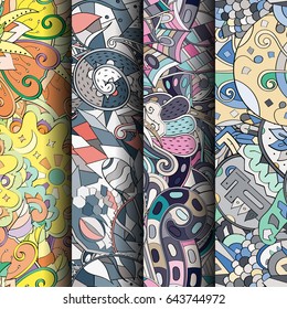Set of tracery colorful seamless patterns. Vertical stripes. Curved doodling backgrounds for textile or printing with mehndi and ethnic motives. Vector