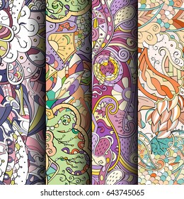 Set of tracery colorful seamless patterns. Vertical stripes. Curved doodling backgrounds for textile or printing with mehndi and ethnic motives. Vector