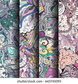 Set of tracery colorful seamless patterns. Vertical stripes. Curved doodling backgrounds for textile or printing with mehndi and ethnic motives. Vector