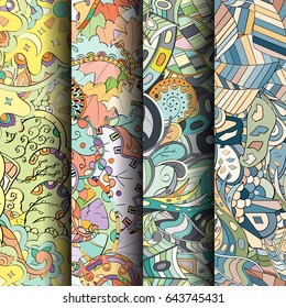 Set of tracery colorful seamless patterns. Vertical stripes. Curved doodling backgrounds for textile or printing with mehndi and ethnic motives. Vector