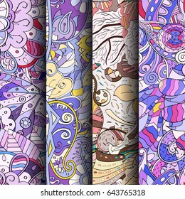 Set of tracery colorful seamless patterns. Vertical stripes. Curved doodling backgrounds for textile or printing with mehndi and ethnic motives. Vector