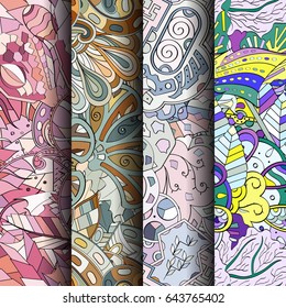 Set of tracery colorful seamless patterns. Vertical stripes. Curved doodling backgrounds for textile or printing with mehndi and ethnic motives. Vector