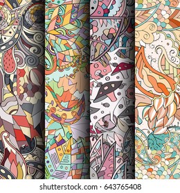 Set of tracery colorful seamless patterns. Vertical stripes. Curved doodling backgrounds for textile or printing with mehndi and ethnic motives. Vector