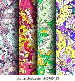 Set of tracery colorful seamless patterns. Vertical stripes. Curved doodling backgrounds for textile or printing with mehndi and ethnic motives. Vector