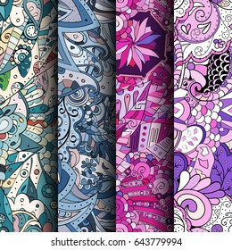 Set of tracery colorful seamless patterns. Vertical stripes. Curved doodling backgrounds for textile or printing with mehndi and ethnic motives. Vector
