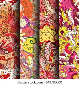 Set of tracery colorful seamless patterns. Vertical stripes. Curved doodling backgrounds for textile or printing with mehndi and ethnic motives. Vector