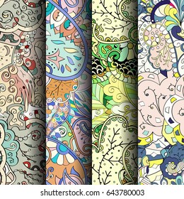 Set of tracery colorful seamless patterns. Vertical stripes. Curved doodling backgrounds for textile or printing with mehndi and ethnic motives. Vector