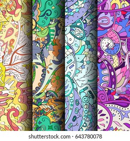 Set of tracery colorful seamless patterns. Vertical stripes. Curved doodling backgrounds for textile or printing with mehndi and ethnic motives. Vector