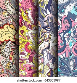 Set of tracery colorful seamless patterns. Vertical stripes. Curved doodling backgrounds for textile or printing with mehndi and ethnic motives. Vector