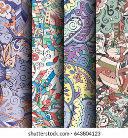 Set of tracery colorful seamless patterns. Vertical stripes. Curved doodling backgrounds for textile or printing with mehndi and ethnic motives. Vector